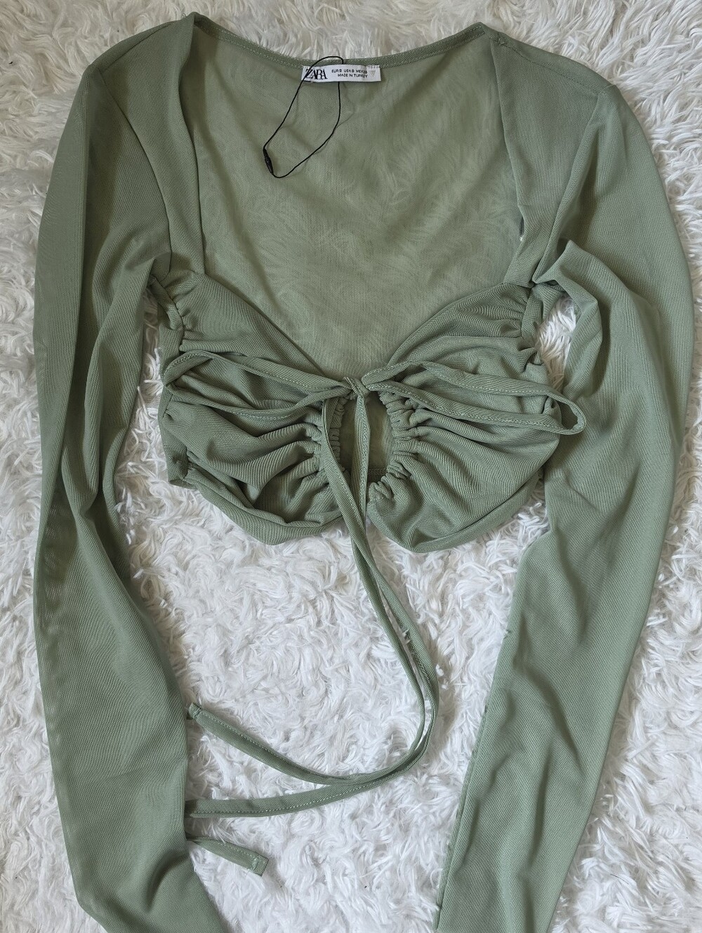 Zara Sage Green Long-Sleeve Ruched Drawstring Crop Top Sz Small